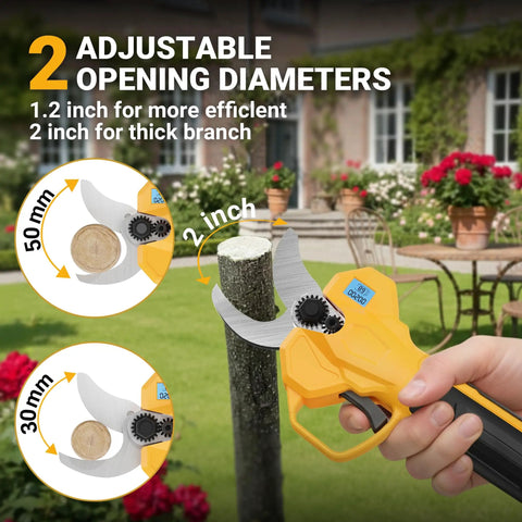 Heavy Duty 2 In 1 Electric Pruning Shears With A Telescoping Pole Reaching 15 Feet with adjustable blade openings for efficient cutting.