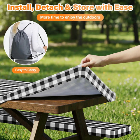 Hand placing Six Foot Picnic Table Cover With Bench Covers Set All Weather Dual Layer Waterproof Tablecloth on wooden table