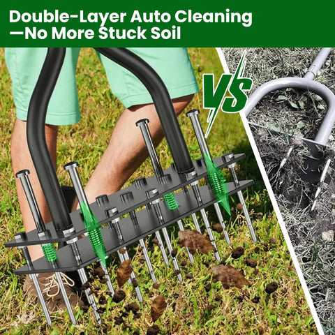 Manual Lawn Aerator Tool With 15 Iron Spikes And Adjustable Height Double Layer Spring in use on grass