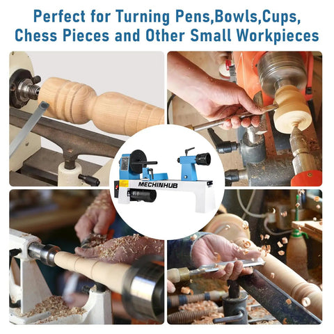 Compact Benchtop Wood Lathe 8x12 Inch Bed 1/3 HP with Infinitely Variable Speed 750-3200 RPM in use for woodturning.