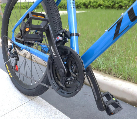 Three By Six Seven Eight Speed Mountain Bike Crankset 170mm with 42 34 24T chainrings on a blue bike