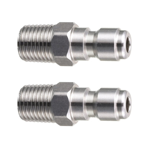 Pressure washer quick-connect fittings, 1/4 in NPT, metal, two-pack with plug ends, shown side-by-side