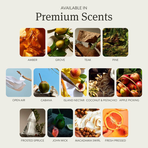 Premium scents for Top Shelf Wood Car Air Freshener Refill, showcasing amber, teak, coconut, and apple picking options.