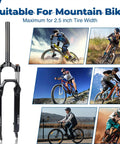 Lightweight Aluminum Front Fork For Mountain Bikes With Air Suspension 26 Inch One And One Eighth Straight Threadless Steerer Twenty Eight Point Six Millimeter Disc Brake Ready Durable Alloy Suspension Fork For Trail And Cross Country Rides displayed with multiple cycling images