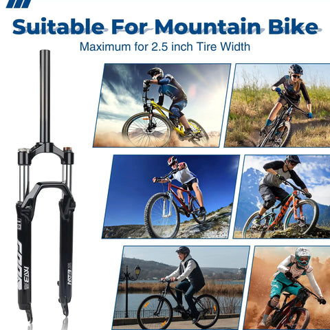 Lightweight Aluminum Front Fork For Mountain Bikes With Air Suspension 26 Inch One And One Eighth Straight Threadless Steerer Twenty Eight Point Six Millimeter Disc Brake Ready Durable Alloy Suspension Fork For Trail And Cross Country Rides displayed with multiple cycling images