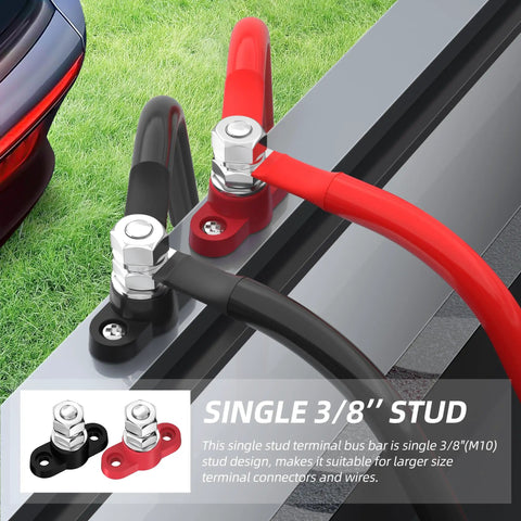 12V Pair Of Single Stud Power Distribution Blocks Beefy With Red Positive And Black Negative Insulated Bus Bars, Three Eighths Inch Studs, And M10 Terminal Posts, Battery Junction Block For Marine Boat And Automotive, 250A At 12V, 48V Max., red and black 3/8-inch single-stud bus bars with cables attached