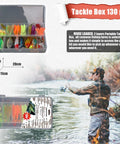 Open tackle box with 130-piece pro fishing lures kit for bass anglers including crankbaits, spinnerbaits, and soft plastics.