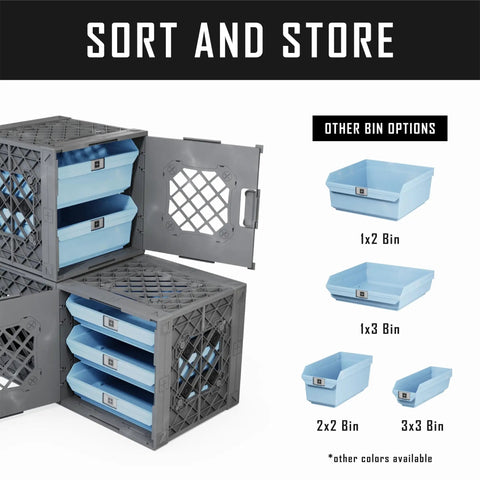 UC01 Modular Collapsible Crates 3 Pack in Gray with blue storage bins shown stacked in garage setup