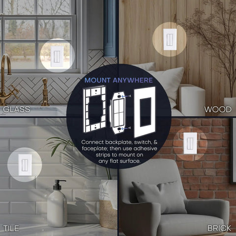 Battery Free Wireless Light Switch For Hue With 30 Foot Range Kinetic Wall Mount Decora Style Plug And Play No Wiring Or Batteries Required Fully Native Philips Hue Bridge Compatibility For Seamless Smart Lighting Control White, shown mounted on glass, wood, tile, and brick surfaces.