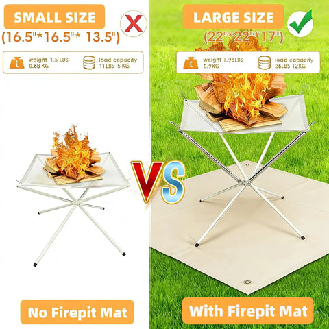Comparison showing large 22 Inch Outdoor Folding Fire Pit For Camping And Backyard Fun with mat vs. small fire pit without mat.