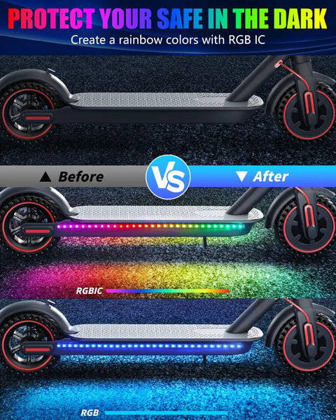 LED Light Strips For Scooters For Night Riding 5V High Bright 5050 LEDs App Controlled RGBIC Waterproof Two In One Electric Scooter Accessory For Enhanced Visibility And Safer Night Rides, before and after lighting effect on scooter.
