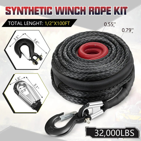 Half Inch By 100 Foot Synthetic Winch Rope Cable Kit For Off Road Trucks And ATVs 32000 Lbs Break Strength Black Protective Sleeve And Forged Hook Beefed Up Recovery Line coiled with hooks
