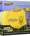 Packaging of Beginner Disc Golf Set with Driver Midrange and Putter in Durable DX Plastic, three disc pack, PDGA approved