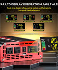 Heavy Duty Two Thousand Watt Power Inverter For Rv Truck And Camper 12 V Dc To 110 V Ac With Clear Lcd Screen displaying status alerts.