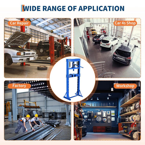 Top Shelf 12 Ton H Frame Hydraulic Shop Press With Height Adjustable Table And Removable Plates in car repair and workshop settings.