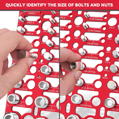 55 Thread Checker gauge for bolts and nuts on a red metal plate with standard and metric size markings