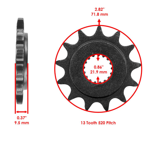 Black Drive Chain And Sprocket Kit For Honda CRF450R And CRF450RX 2004-2018, side and front view of 13 tooth sprocket