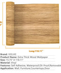 Natural Brown Wood Contact Paper Peel And Stick For Cabinets, Countertops, And Furniture, Waterproof Woodgrain Wallpaper Self Adhesive Removable 15.7x118 Inch Roll displayed rolled out with measurements shown.