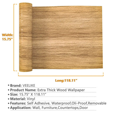 Natural Brown Wood Contact Paper Peel And Stick For Cabinets, Countertops, And Furniture, Waterproof Woodgrain Wallpaper Self Adhesive Removable 15.7x118 Inch Roll displayed rolled out with measurements shown.