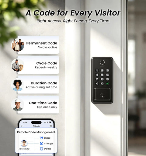 Sick Matte Black Wifi Smart Fingerprint Deadbolt Front Door Lock with keypad and code management features.