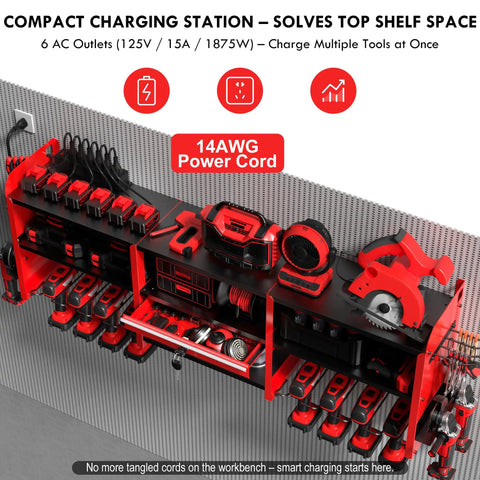 Power Tool Organizer Wall Mount With Locking Drawers Grinder Holder Hammer And Pliers Rack And 6 Outlet Charging Shelf for Garage
