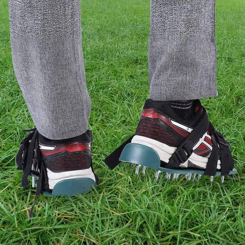 Person wearing Lawn Aerator Shoes Spiked Garden Boots For Walking Your Yard Knock Out Soil Compaction And Boost Grass Health