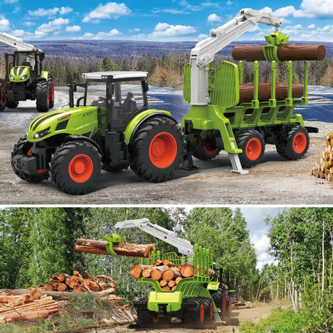Awesome Remote Control Tractor Farm Playset with Trailer and Timber Truck in forest, includes wood grabber, 2.4GHz RC kit.