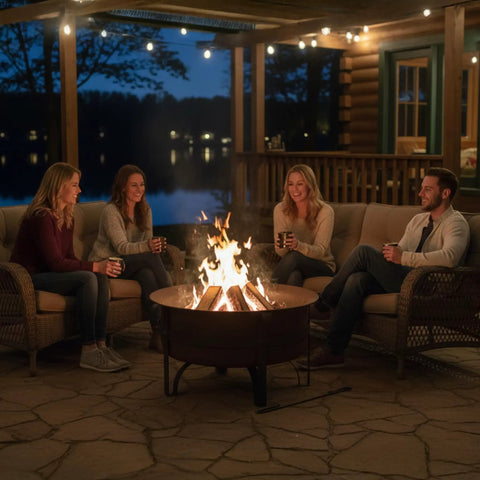 Cauldron Wood Burning Outdoor Fire Pit For Patio And Backyard Hangouts, 29-inch steel fire bowl with friends gathered around.
