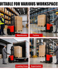 No Sweat Full Electric Pallet Stacker With 118 Inch Lift Height And 3300 Lb Capacity in various workspaces including warehouses and factories.