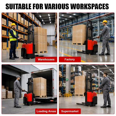 No Sweat Full Electric Pallet Stacker With 118 Inch Lift Height And 3300 Lb Capacity in various workspaces including warehouses and factories.