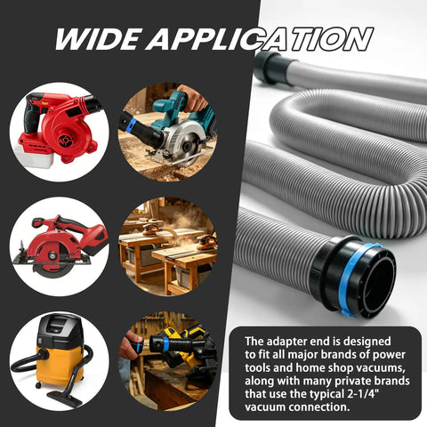 Expandable Vacuum Hose Kit Pro Grade For Home And Shop Dust Collection shown with tools and adapters