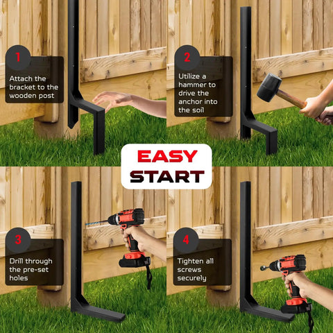 Step-by-step guide for installing Heavy Duty Fence Post Repair Kit With Steel Ground Spike on a wooden post.