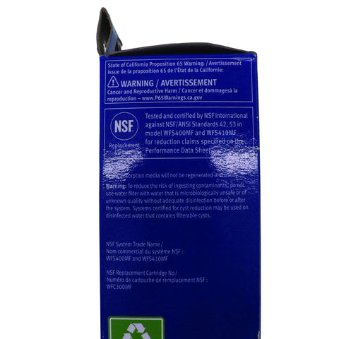 Side view of Top-Notch UltraClarity Water Filter Cartridge 11034152 OEM replacement box with NSF certification details
