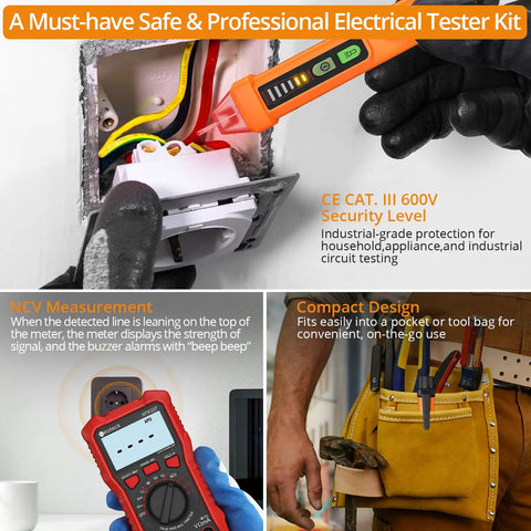 Non Contact Voltage Tester and Digital Multimeter Combo 12-1000V AC Range in use, showing safety features and handy design