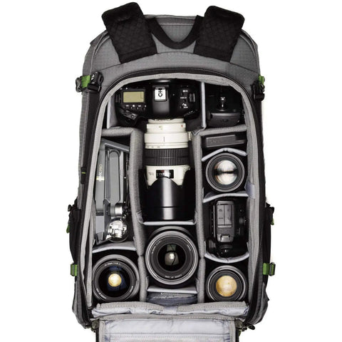 BackLight Elite 45L Camera Daypack For DSLR And Mirrorless Gear, open view showing organized compartments for cameras and lenses