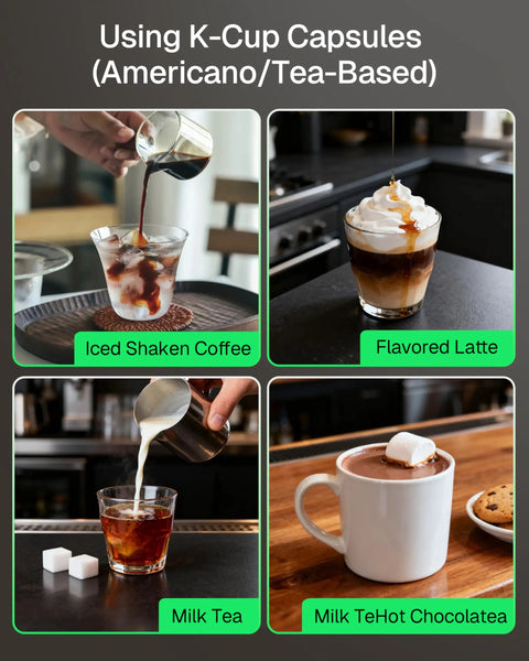 Four coffee drinks made with 3 In 1 Universal Coffee Machine For Nespresso Original Line Pods K Cup Pods And Ground Coffee One Touch Brew
