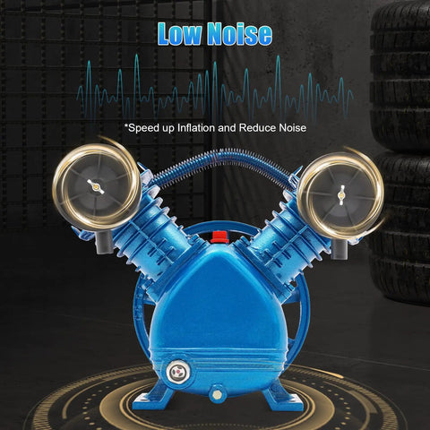 Heavy Duty 3HP Air Compressor Head Pump With Twin Cylinder Motor And Belt Drive. 115 PSI Discharge Pressure For Portable Tool Projects. Cast Iron Construction Ensures Durability And Smooth, Quiet Operation. Includes Two Air Filters And Silencers For Peak