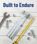 Built Tough Heavy Duty Vehicle Door Hinge For Utility And Semi Trailers With Anti Corrosion Finish Keeps Cold Storage Temperature Stable And Is Ideal For Freezers, Refrigerated Vehicles, And Garage Door Replacements. heavy-duty steel hinge with bolts and tape measure