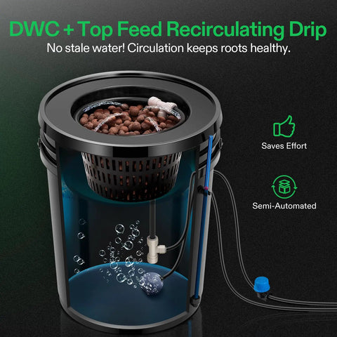 Deep Water Culture Hydroponics System With Top Drip Kit For Four Buckets showcasing semi-automated water circulation and air pump