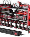 Beefed Up Heavy Duty Wall Mounted Power Tool Organizer With Charging Station for 10 cordless drills, 4 tier tool rack, red steel
