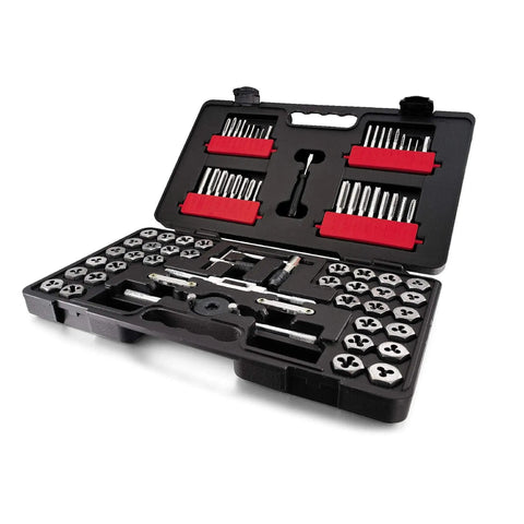 75 Piece Inch And Metric Tap And Die Set For Pros And DIYers Includes 7 Drive Tools 17 Inch Plug Taps And 17 Hex Dies in open case