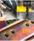Four Pack M2x0.4mm Metric Thread Taps With Titanium Coated HSS Steel 44mm Straight Flute Right Hand Design in use with drilling metal.