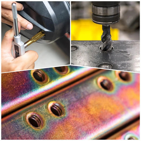Four Pack M2x0.4mm Metric Thread Taps With Titanium Coated HSS Steel 44mm Straight Flute Right Hand Design in use with drilling metal.