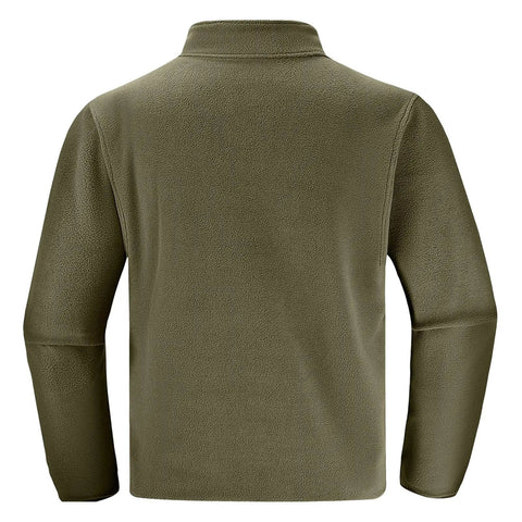Back view of Cozy Mens Half Zip Fleece Pullover With Stand Collar in army green, showcasing the relaxed fit and long sleeves.