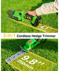 20V 2 In 1 Cordless Hedge Trimmer And Grass Shears With Rotating Handle used on grass, showing dimensions and dual blade system.