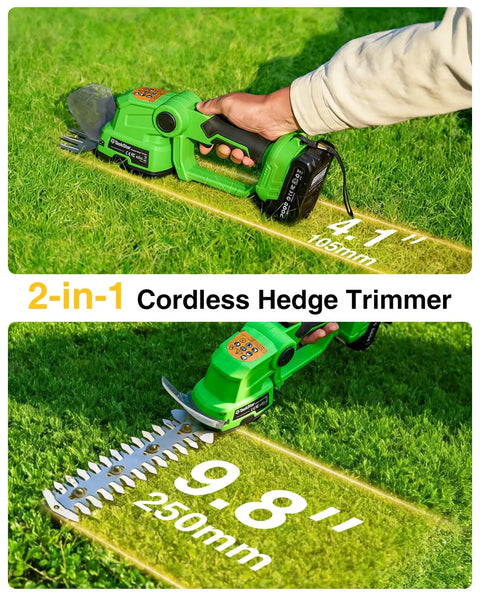 20V 2 In 1 Cordless Hedge Trimmer And Grass Shears With Rotating Handle used on grass, showing dimensions and dual blade system.