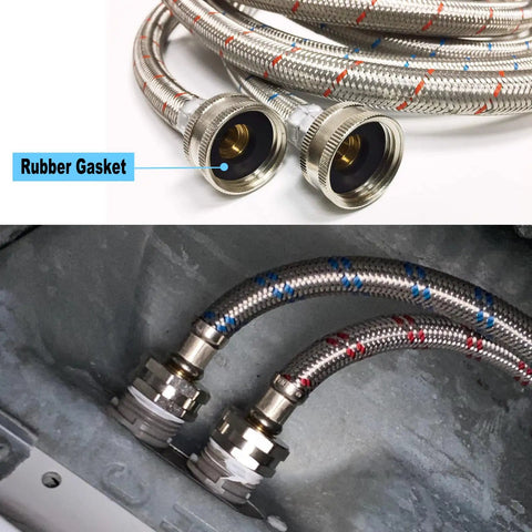 Two Pack 15 Feet Stainless Steel Washing Machine Hoses For Hot And Cold Water Supply Burst Proof And Leak Free Color Coded Red Hot And Blue Cold Three Quarters Inch Standard Interface Heavy Duty Build Fits Most Front And Top Load Washers with rubber gasket and connected view.