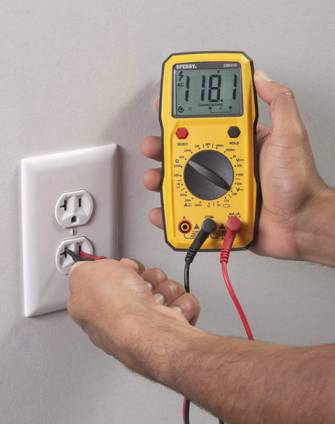 Person using Dm6410 8 Function Digital Multimeter With Large LCD Display And Data Hold for accurate AC DC voltage measurement