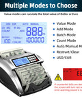 Fast Money Counter Machine For USD And EUR With Value Counting No Fuss Cash Counter Featuring UV IR MG DD DBL HLF CHN Counterfeit Detection Add And Value Modes Large LCD Display showing multiple modes and warning signals.