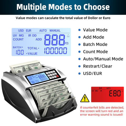 Fast Money Counter Machine For USD And EUR With Value Counting No Fuss Cash Counter Featuring UV IR MG DD DBL HLF CHN Counterfeit Detection Add And Value Modes Large LCD Display showing multiple modes and warning signals.